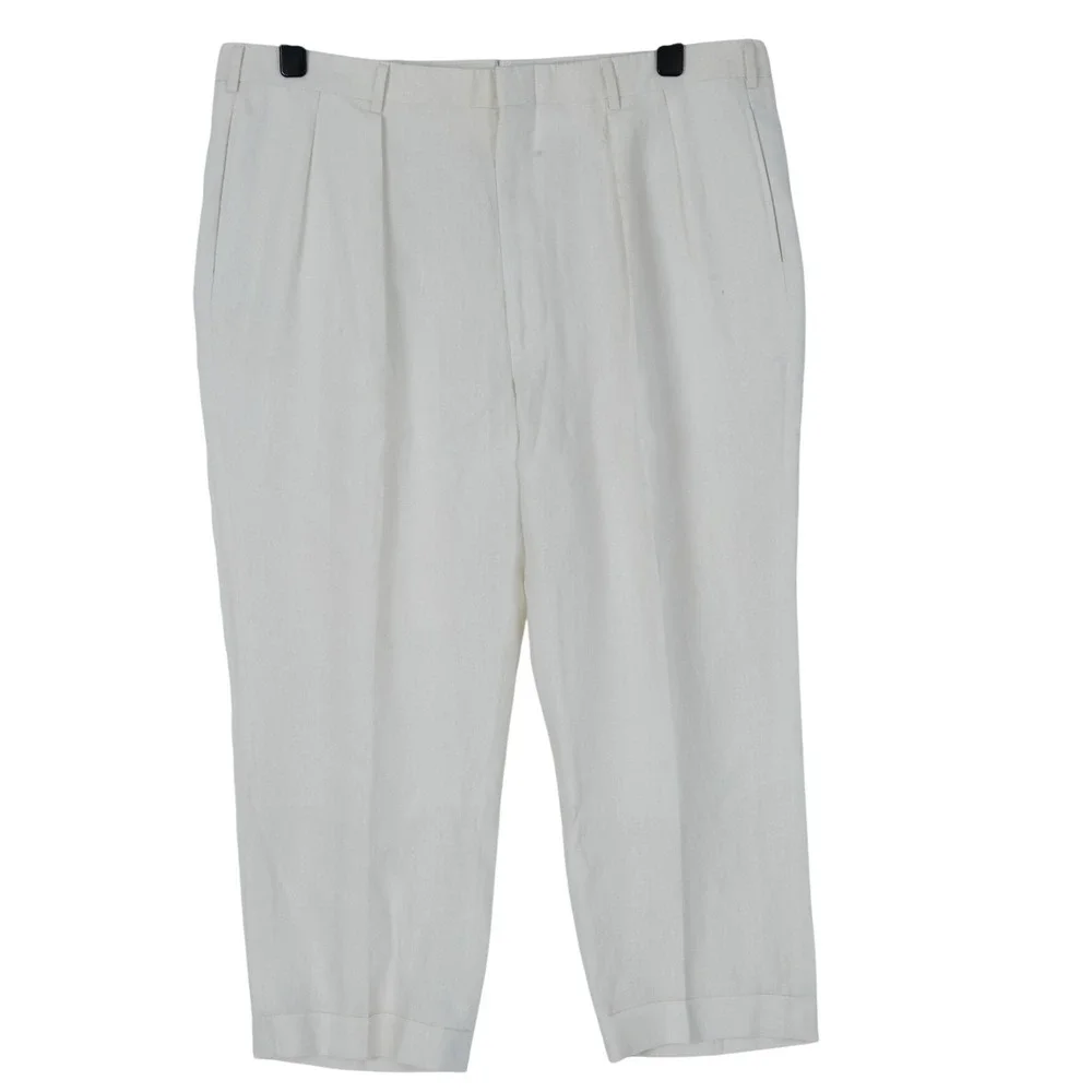 Ben Silver Charleston Mens 42 Dress Pants White Pleated Cuffed High Rise Linen